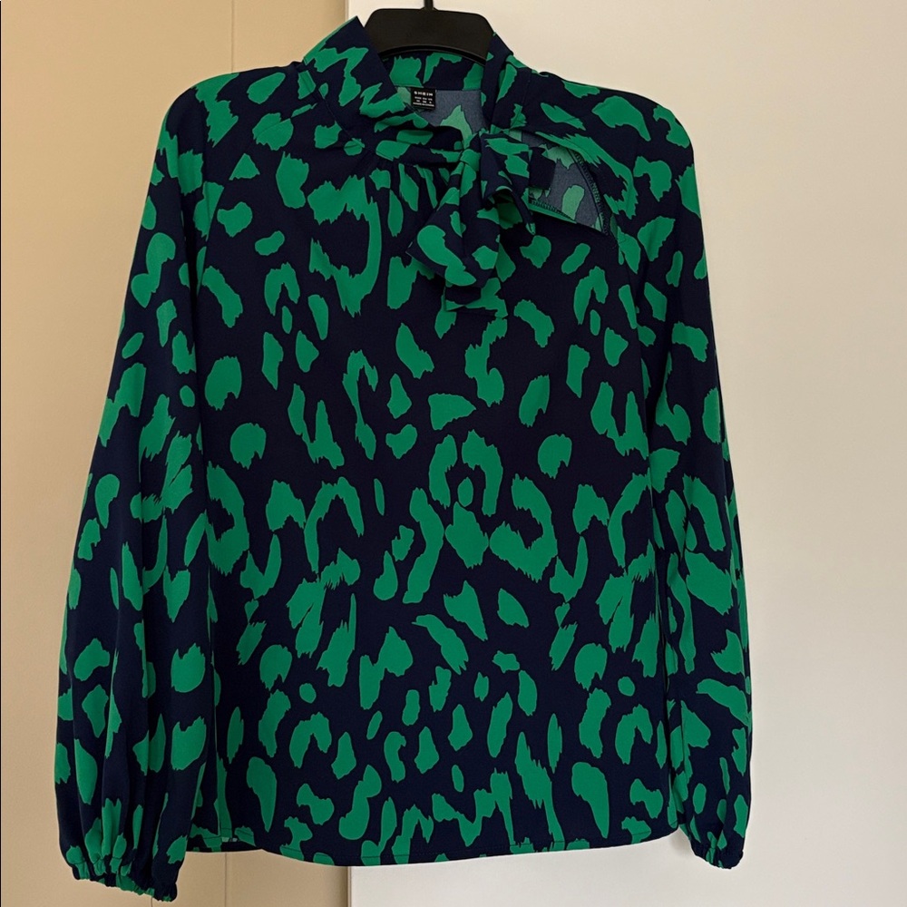 SHEIN Green and Navy Animal Print Blouse